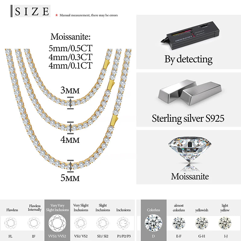 TUHE With Certificate Moissanite Tennis Necklace 925 Sterling Silver For Women Men Hip Hop Jewelry Custom Tennis Chain Necklace