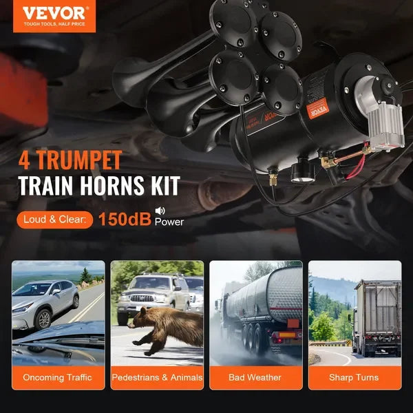 VEVOR Train Horns Kit, 4 Trumpet Air Horn Kit, 150dB Train Horns for Pickup Trucks, 12V 120 psi Air Compressor 0.8 Gal/3 L Tank