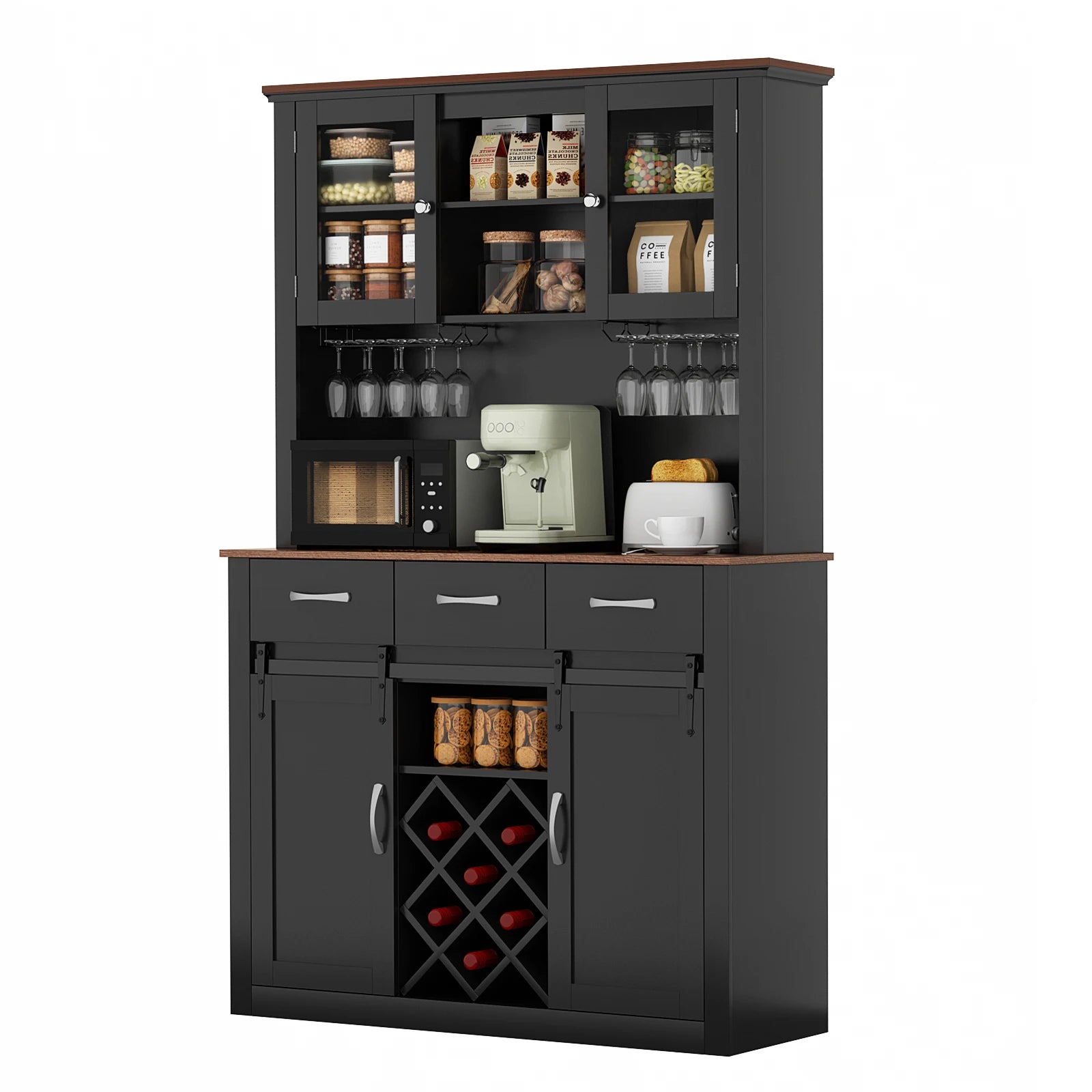 VOWNER 72" Tall Farmhouse Bar Cabinet with Sliding Barn Doors, Kitchen Pantry Storage Cabinet with Wine & Glass Racks