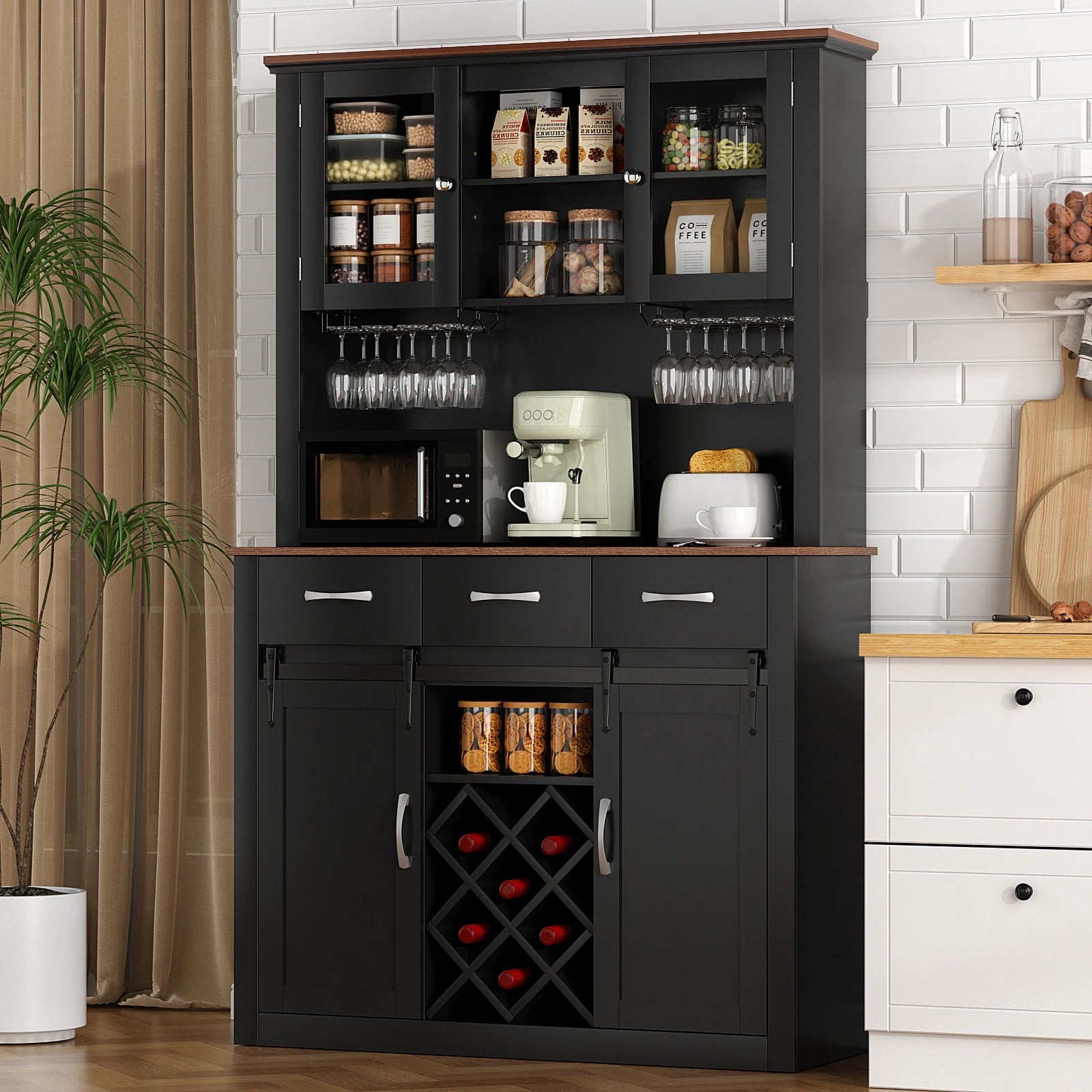 VOWNER 72" Tall Farmhouse Bar Cabinet with Sliding Barn Doors, Kitchen Pantry Storage Cabinet with Wine & Glass Racks