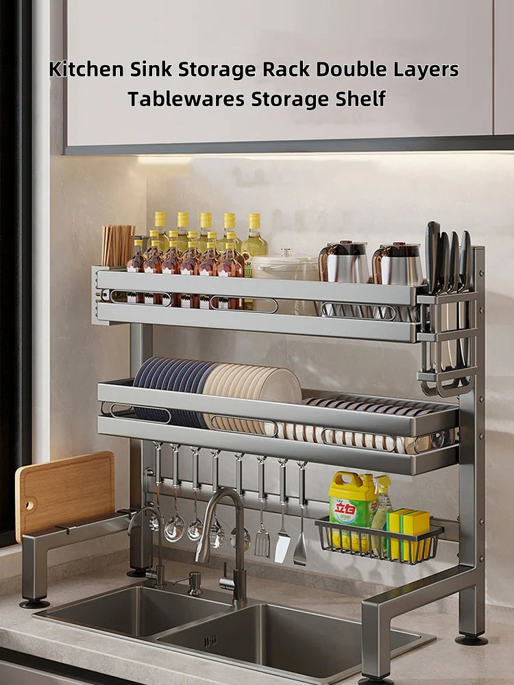 Kitchen Sink Dishwashing Double Layers Tablewares Storage Shelf Multi-functional Dish Drainer Countertop Organizer Accessories